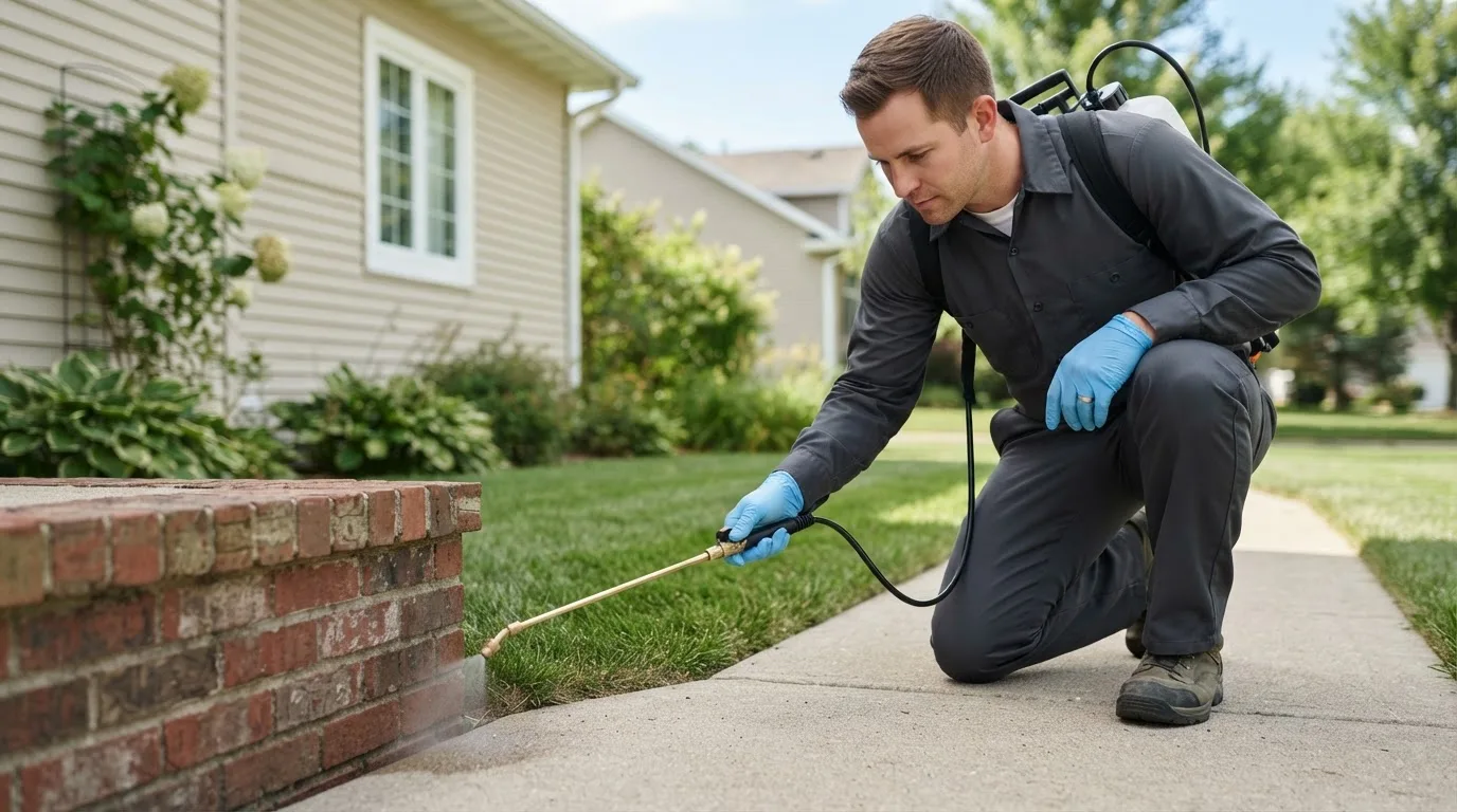 Pest control technician treating a home near West Lebanon, PA